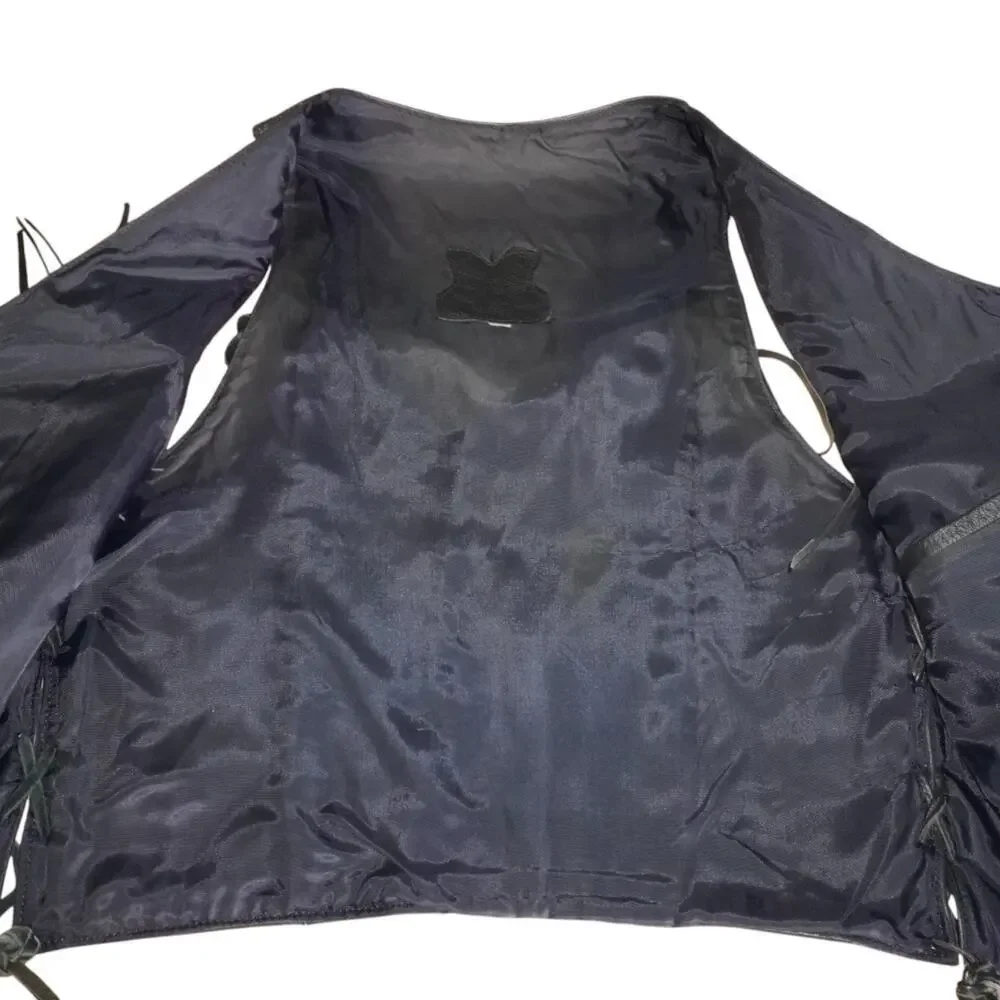 Vintage Black Leather Fringe Biker Vest Men’s M/L — Western Motorcycle Side Lace